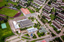 Refugee - buildings Erstaufnahmeeinrichtung of Lanof Baden-Wuerttemberg in the district Patrick-Henry-Village in Heidelberg in the state Baden-Wurttemberg, Germany from above