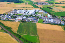 Aerial view of Brauereistraße industrial area with Corden Pharma GmbH and Weldebräu GmbH&Co.KG brewery in Plankstadt in the state Baden-Wuerttemberg, Germany