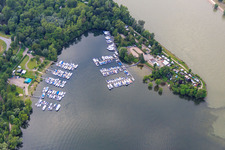 Boat dock of the Sportboot-Club Ludwigshafen/Rhein and the MCP Yacht Club and Restaurant Ludwigshafen at Kiefscher Weiher on the Rhine in the district Rheingönheim in Ludwigshafen am Rhein in the state Rhineland-Palatinate, Germany