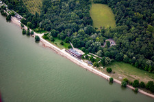 Aerial view of Rhine beach in the district Niederfeld in Mannheim in the state Baden-Wuerttemberg, Germany