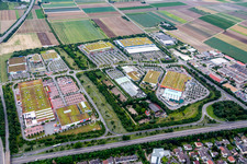 Aerial view of Building of the construction market BAUHAUS and Roller Furniture in the district Oggersheim in Ludwigshafen am Rhein in the state Rhineland-Palatinate, Germany