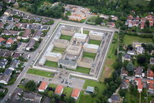 Aerial view of Surrounded by security fence premises of jail Justizvollzugsanstalt Frankenthal in Frankenthal (Pfalz) in the state Rhineland-Palatinate, Germany