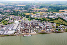 Aerial view of Building and production halls on the premises of the chemical manufacturers Evonik in Worms in the state Rhineland-Palatinate, Germany