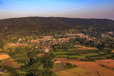 View of the town at the foot of the Donnersberg from the east in Dannenfels in the state Rhineland-Palatinate, Germany