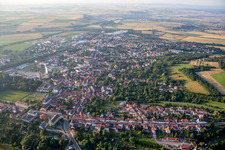 Aerial view of Town View of the streets and houses of the residential areas in Kirchheimbolanden in the state Rhineland-Palatinate, Germany