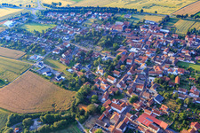Aerial view of Village center with Mauritius Church in Morschheim in the state Rhineland-Palatinate, Germany