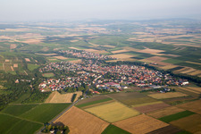 Aerial view of Village - view on the edge of agricultural fields and farmland in Flonheim in the state Rhineland-Palatinate, Germany