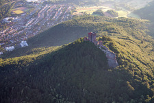 Aerial photograpy of Trifels climbing rocks in Annweiler am Trifels in the state Rhineland-Palatinate, Germany