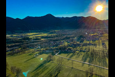Aerial view of Sunrise over the Isar Valley in Lenggries in the state Bavaria, Germany
