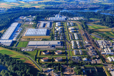 Aerial view of Industrial area at the airport with tank farm of TanQuid, warehouses of Lidl Vertriebs GmbH & Co. KG and Samsung SDS in Speyer in the state Rhineland-Palatinate, Germany