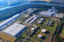 Industrial area at the airport with tank farm of TanQuid, DHL logistics center and Samsung SDS in Speyer in the state Rhineland-Palatinate, Germany