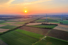Aerial view of Minfeld wind farm at sunset in Minfeld in the state Rhineland-Palatinate, Germany