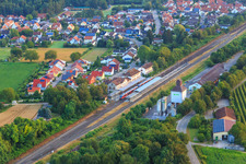Aerial view of Regional train at station Winden(Pfalz) in the morning in Winden in the state Rhineland-Palatinate, Germany