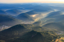 View of the Queichtal valley of the Palatinate Forest in the morning from the southwest in Wilgartswiesen in the state Rhineland-Palatinate, Germany