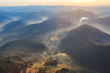 Village view in the Palatinate Forest in the morning from the west in Spirkelbach in the state Rhineland-Palatinate, Germany