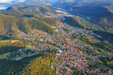 Aerial view of City overview in the morning from the east in Hauenstein in the state Rhineland-Palatinate, Germany