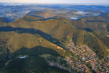 Aerial view of Burghalder Felsen climbing rock in the morning from the east in Hauenstein in the state Rhineland-Palatinate, Germany