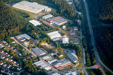 Aerial view of Building and production halls on the premises of Josef Seibel Schuhfabrik GmbH in Hauenstein in the state Rhineland-Palatinate, Germany
