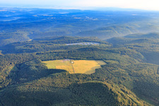 Aerial view of Equestrian center Glade-Ranch Kuffenberg on a forest clearing in the Palatinate Forest in Merzalben in the state Rhineland-Palatinate, Germany