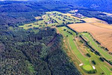 Aerial view of Grounds of the Golf course at GC Edelstein Hunsrueck e.V. in Kirschweiler in the state Rhineland-Palatinate, Germany