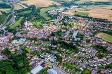 Aerial view of Church building of catholic Church Herz Jesu in Winnweiler in the state Rhineland-Palatinate, Germany