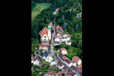 Aerial photograpy of Church building of catholic Church Herz Jesu in Winnweiler in the state Rhineland-Palatinate, Germany