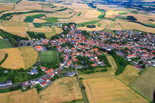 Aerial view of Göllheimer Straße and artificial turf sports field of TSG-Kerzenheim in Kerzenheim in the state Rhineland-Palatinate, Germany