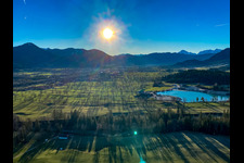 Aerial view of Sunrise over the Isar Valley in the district Schlegldorf in Lenggries in the state Bavaria, Germany