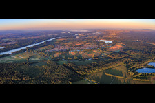 Rhine and village view in the morning from the north in Neuburg am Rhein in the state Rhineland-Palatinate, Germany