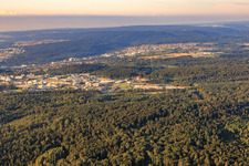 Aerial view of Karlsruher Straße commercial area from the north in the district Brötzingen in Pforzheim in the state Baden-Wuerttemberg, Germany