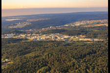 Aerial photograpy of Karlsruher Straße commercial area from the north in the district Brötzingen in Pforzheim in the state Baden-Wuerttemberg, Germany
