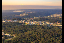 Oblique view of Karlsruher Straße commercial area from the north in the district Brötzingen in Pforzheim in the state Baden-Wuerttemberg, Germany