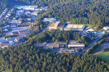 Turnstraße commercial area with community Ispringen indoor swimming pool, Otto Riehm School, DENTAURUM GmbH & Co. KG and Rutronik Electronic Components GmbH in Ispringen in the state Baden-Wuerttemberg, Germany