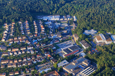 Industrial estate Industriestraße with Nesper Egon GmbH & Co. KG, OBE GmbH & Co. KG, community Ispringen indoor swimming pool, Otto Riehm School, DENTAURUM GmbH & Co. KG and Rutronik Electronic Components GmbH in Ispringen in the state Baden-Wuerttemberg, Germany