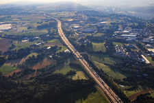 Aerial view of Highway traffic jam over Pforzheim on the A8 in the district Nordstadt in Pforzheim in the state Baden-Wuerttemberg, Germany