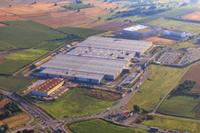Aerial view of A8 exit Pforzheim North with Amazon STR1 logistics center in the district Eutingen in Pforzheim in the state Baden-Wuerttemberg, Germany