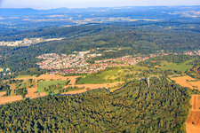 View of the town behind the telecommunications tower from the east in Ispringen in the state Baden-Wuerttemberg, Germany