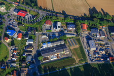 Josephine-Benz-Straße commercial area with Baden-Furniere, Holzbau Hoffmann, Mobatgg and Timo Göpferich retail in Gondelsheim in the state Baden-Wuerttemberg, Germany