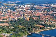 Aerial view of Cathedral of Speyer in summer seen from the Rhine in Speyer in the state Rhineland-Palatinate, Germany