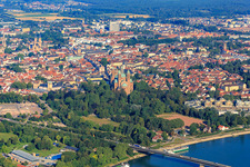 Aerial photograpy of Cathedral of Speyer in summer seen from the Rhine in Speyer in the state Rhineland-Palatinate, Germany