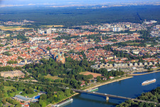 Cathedral of Speyer in summer seen from the Rhine in Speyer in the state Rhineland-Palatinate, Germany from above