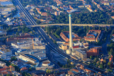 Exhaust chimney of Erlanger Stadtwerke AG opposite Erlangen Arcaden in the district Tal in Erlangen in the state Bavaria, Germany