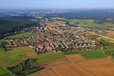 Aerial view of View of the town on the A73 from the northeast in Bubenreuth in the state Bavaria, Germany