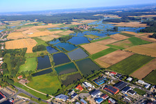 Aerial view of Franconian fish pond landscape in the district Oberlindach in Weisendorf in the state Bavaria, Germany