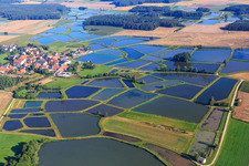 Aerial photograpy of Carp ponds in the Franconian fish pond landscape in the district Oberlindach in Weisendorf in the state Bavaria, Germany
