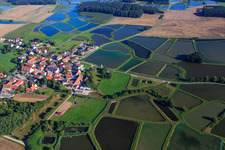 Oblique view of Carp ponds in the Franconian fish pond landscape in the district Oberlindach in Weisendorf in the state Bavaria, Germany