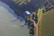 Clubhouse and jetties of the sailing club RKC Wörth eV at the Wörth harbor in the district Maximiliansau in Wörth am Rhein in the state Rhineland-Palatinate, Germany