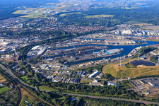Karlsruhe Rhine ports from the north beyond the Südtangente (B10) in the district Mühlburg in Karlsruhe in the state Baden-Wuerttemberg, Germany