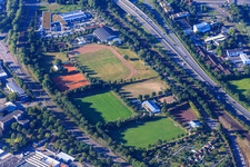 Sports fields of DJK Blau-Weiß Mühlburg eV and tennis courts of Turnerschaft Mühlburg 1861 eV in the district Mühlburg in Karlsruhe in the state Baden-Wuerttemberg, Germany