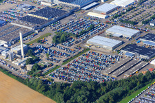 Aerial view of Parking space for produced DAIMLIER truck tractors at the Wörth automobile plant of the Industriepark Wörth GmbH in the district Maximiliansau in Wörth am Rhein in the state Rhineland-Palatinate, Germany